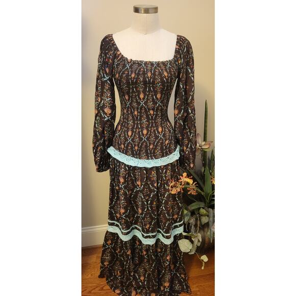 New Verandah Smocked Tiered Maxi Dress SQUARE-NECK $595 SMALL (4) Brown Motif - Picture 5 of 10